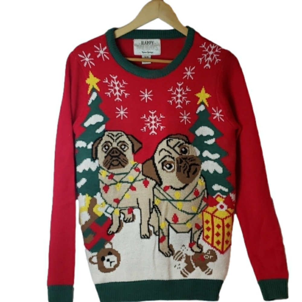 𝅺happy Holidays Urban Heritage Ugly Christmas Sweater Dogs Pugs Lights Up Rec